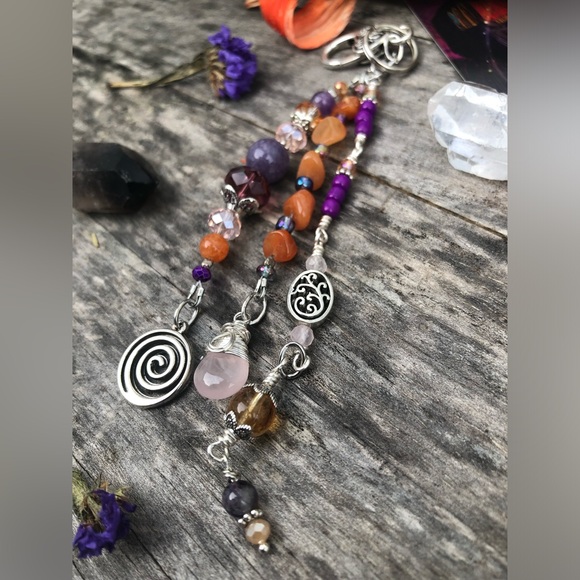 Red Aventurine Rose Quartz Mixed Crystal Gemstone Beaded Purse Charm Keychain - Picture 8 of 17